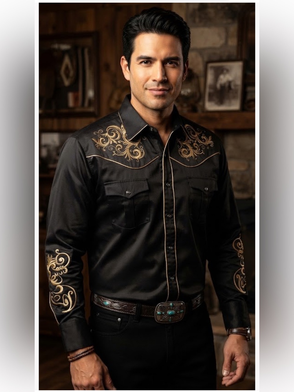 Montero Men's Black Western Button-Down Shirt with Gold Embroidery